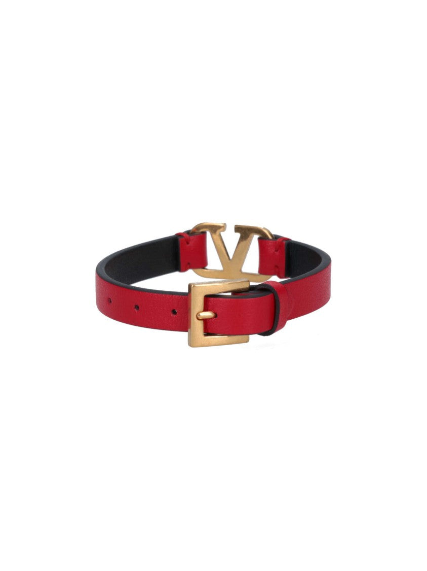 Valentino Garavani Narrow Red Leather Belt With Gold-Tone 'V' Centerpiece