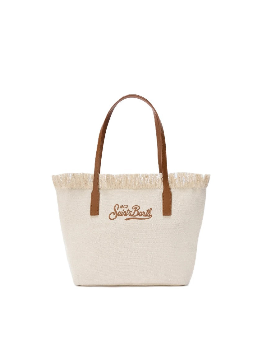 Mc2 Saint Barth Fringed Beige Canvas Tote Bag With Leather Accents