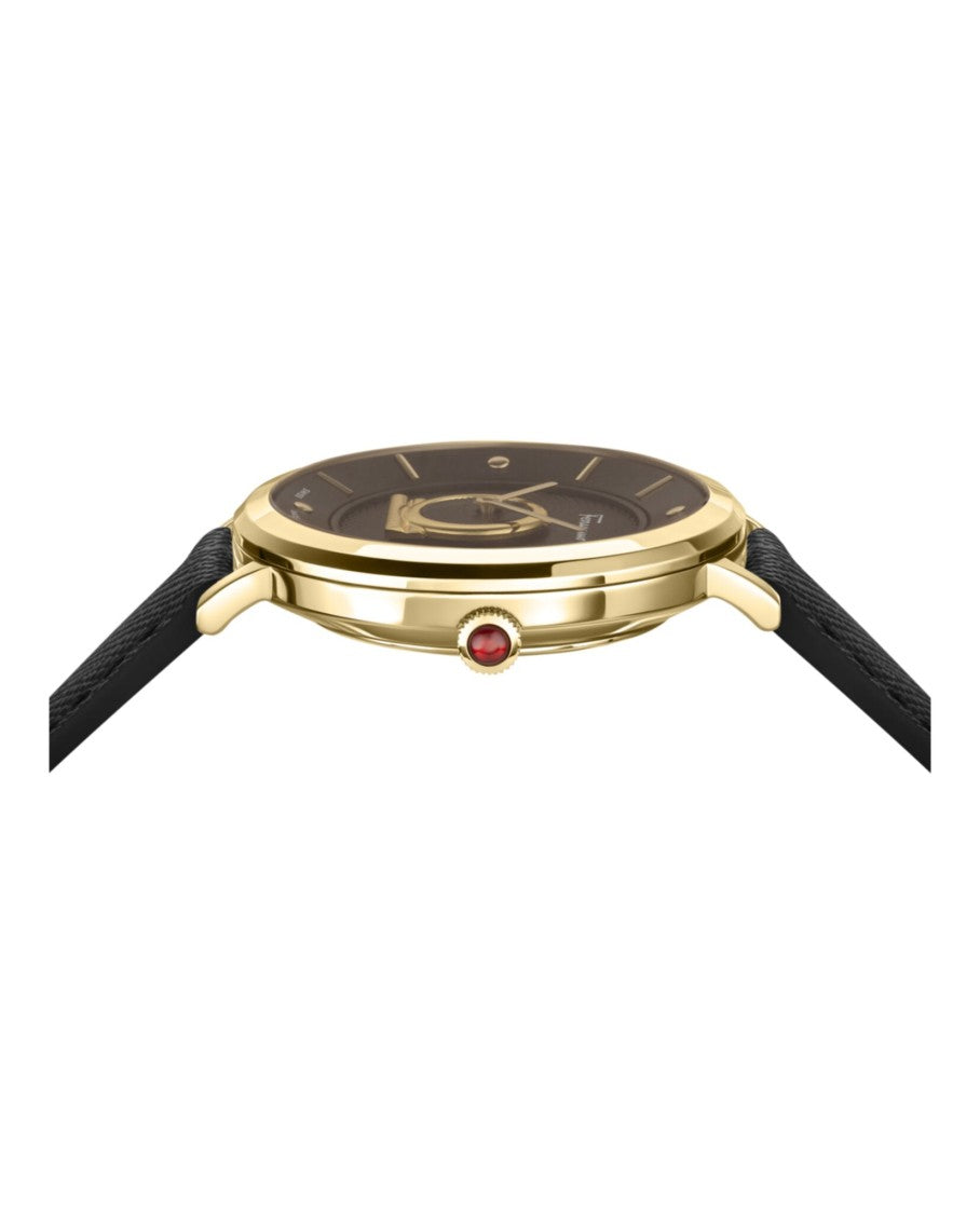 Ferragamo Minuetto Leather Watch With Black Guilloche Dial