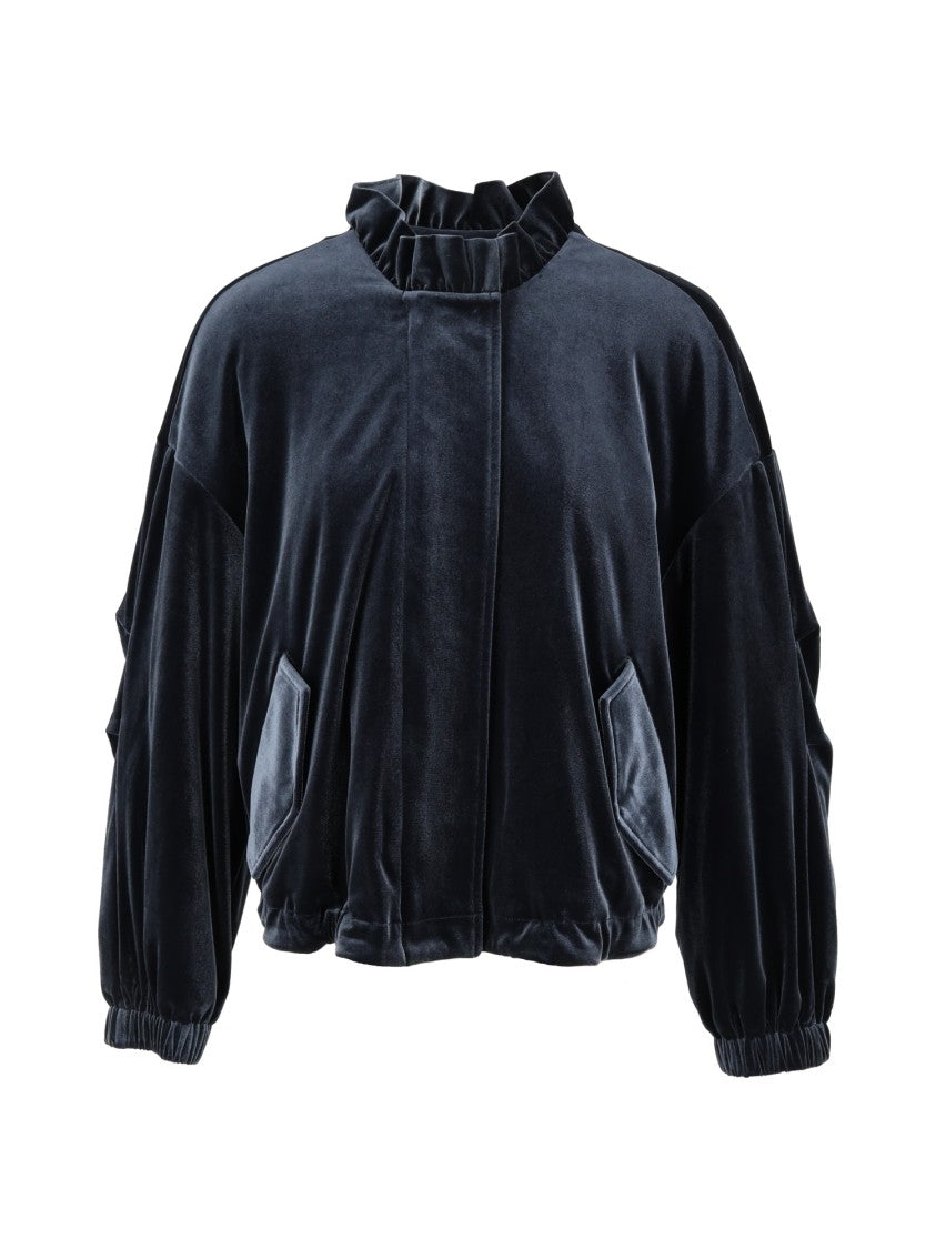Emporio Armani Black Ruffled Collar Velvet Cropped Blouson Jacket
