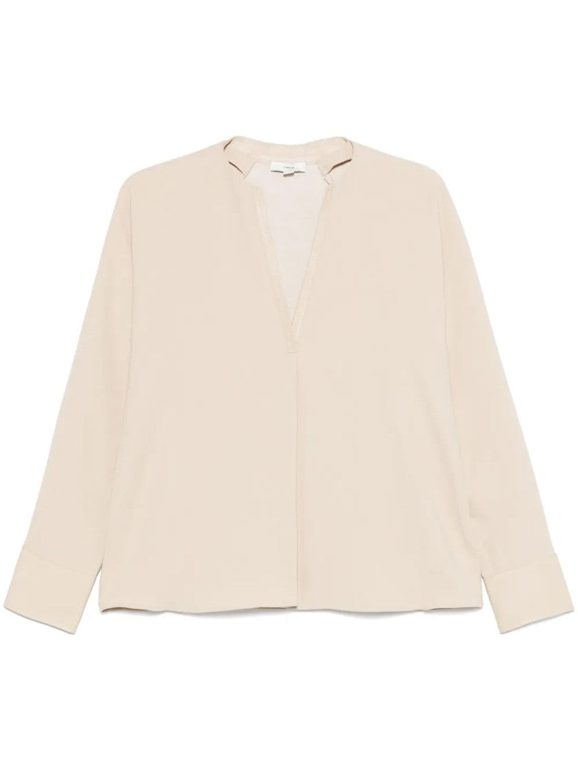 Vince Beige Leather Trim Dolman Sleeve Long-Sleeve Shirt