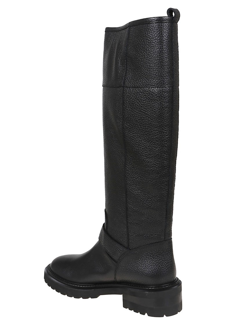Via Roma 15 Black Leather Boot With Side Zip And Buckle Detail