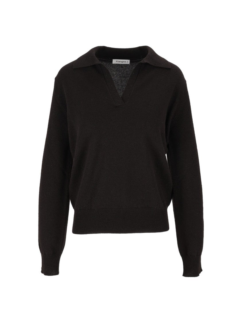 Kangra Cashmere Black Long-Sleeve Open V-Neck Polo Shirt