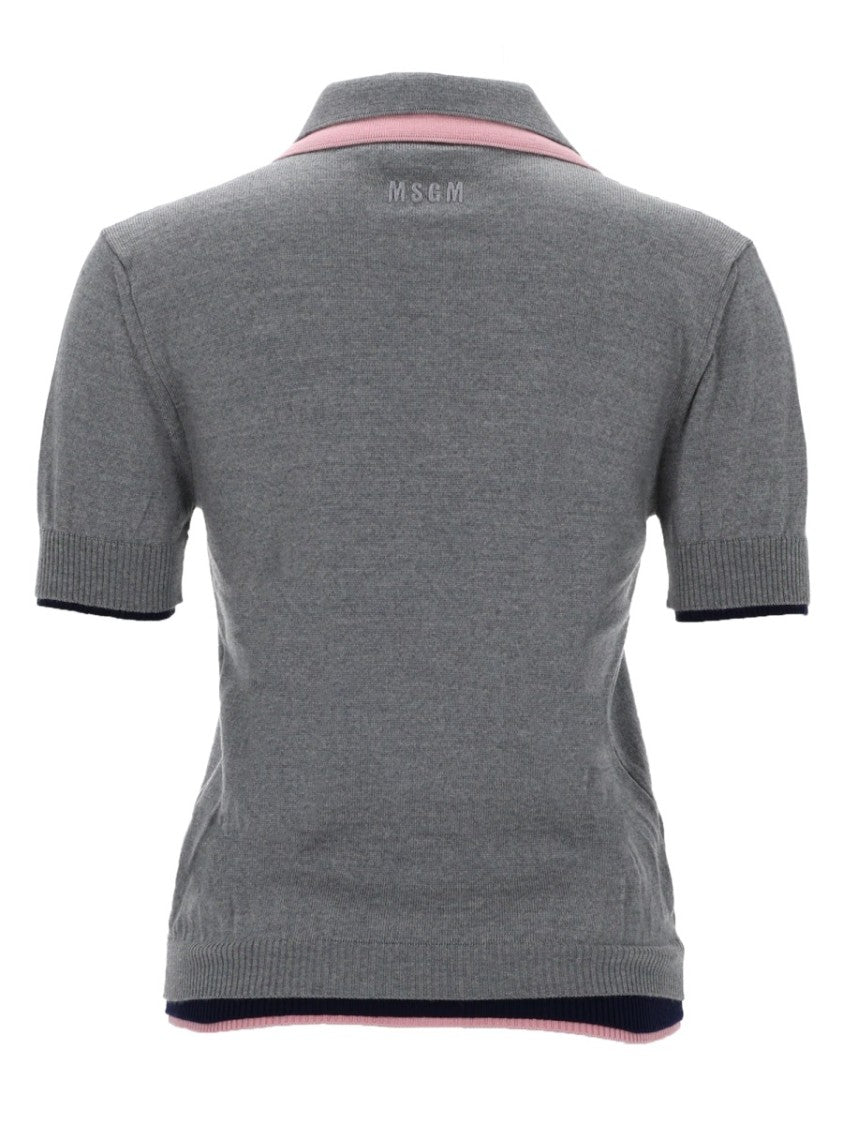 Msgm Heather Grey Merino Wool Contrast-Trim Polo Shirt