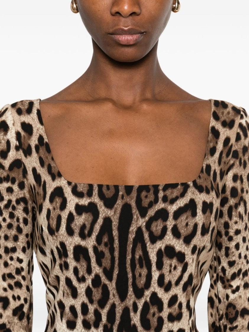 Dolce & Gabbana Leopard Print Square Neck Midi Dress