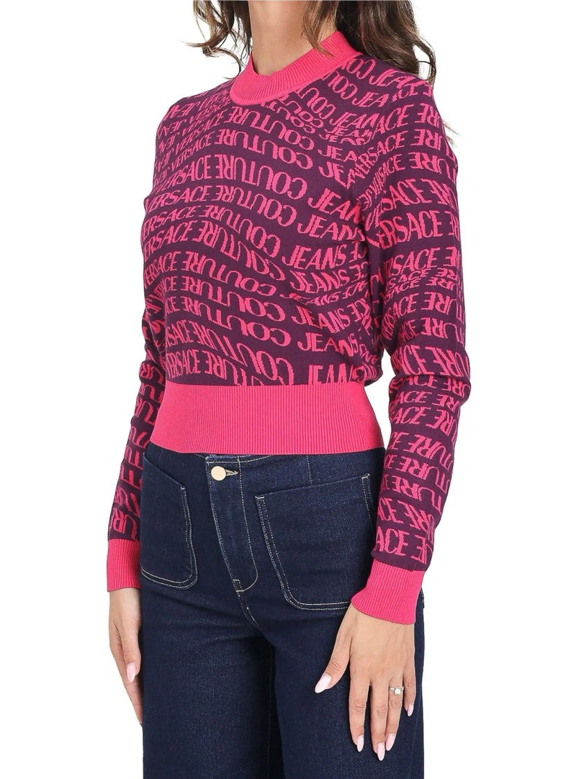 Versace Jeans Couture Short Crew Neck Sweater With Contrasting Pattern And Ribbed Details