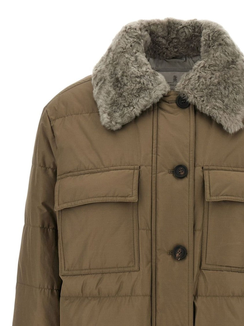 Brunello Cucinelli Quilted Coat With Plush Shearling Collar And Flap Pockets