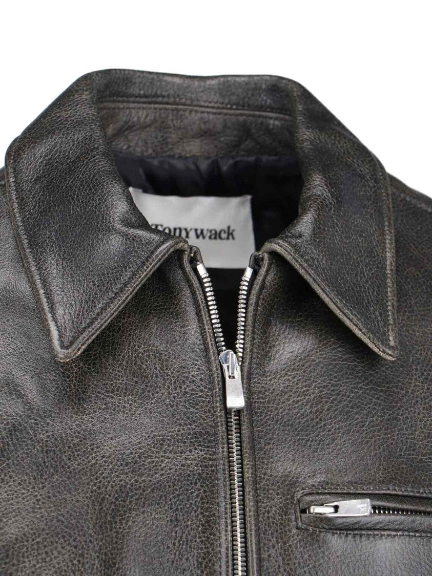 Tonywack Vintage Black Calfskin Leather Jacket With Classic Collar
