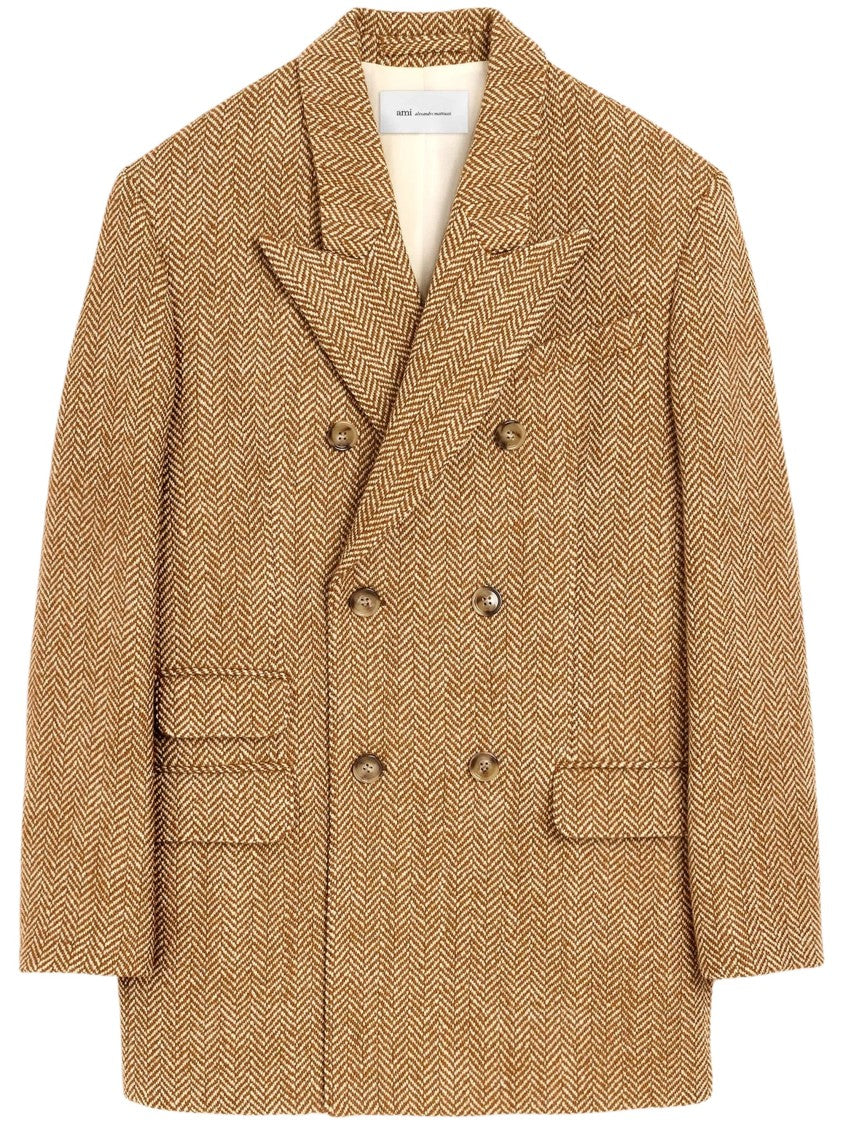 Ami Paris Brown Double-Breasted Herringbone Wool Blazer