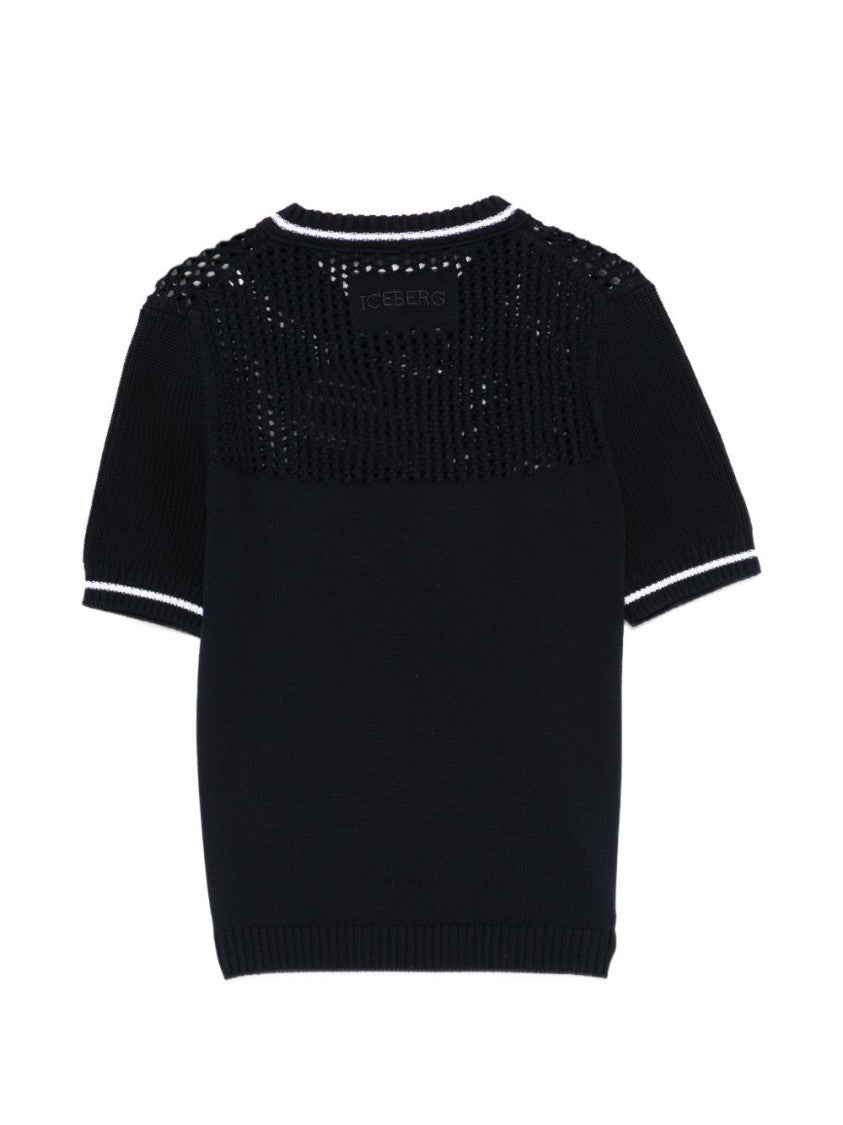 Iceberg Black Openwork Knit Crew Neck Sweater