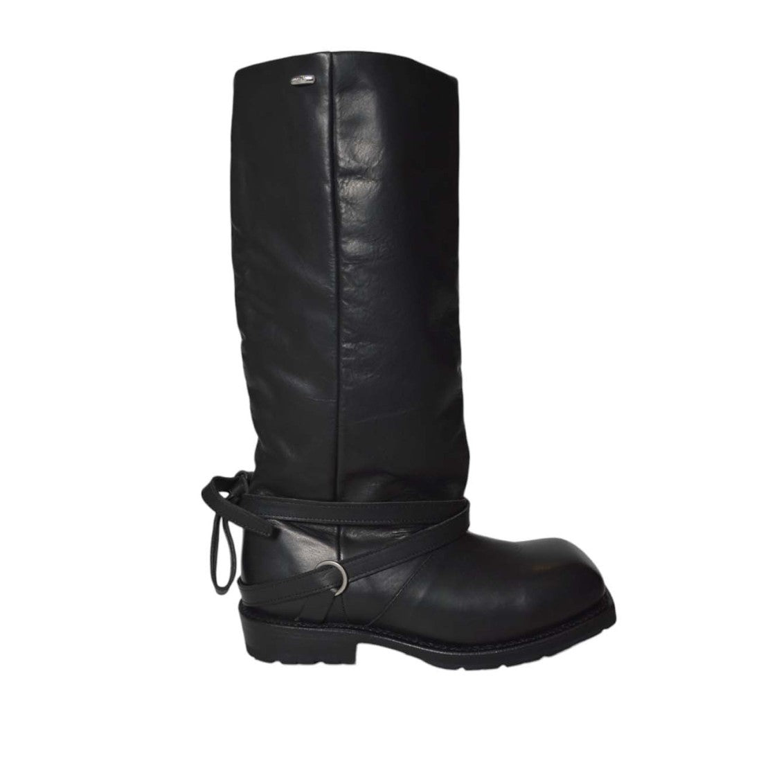 Our Legacy Tall Black Leather Boots With Wrap-Around Strap And Metal Ring Detail