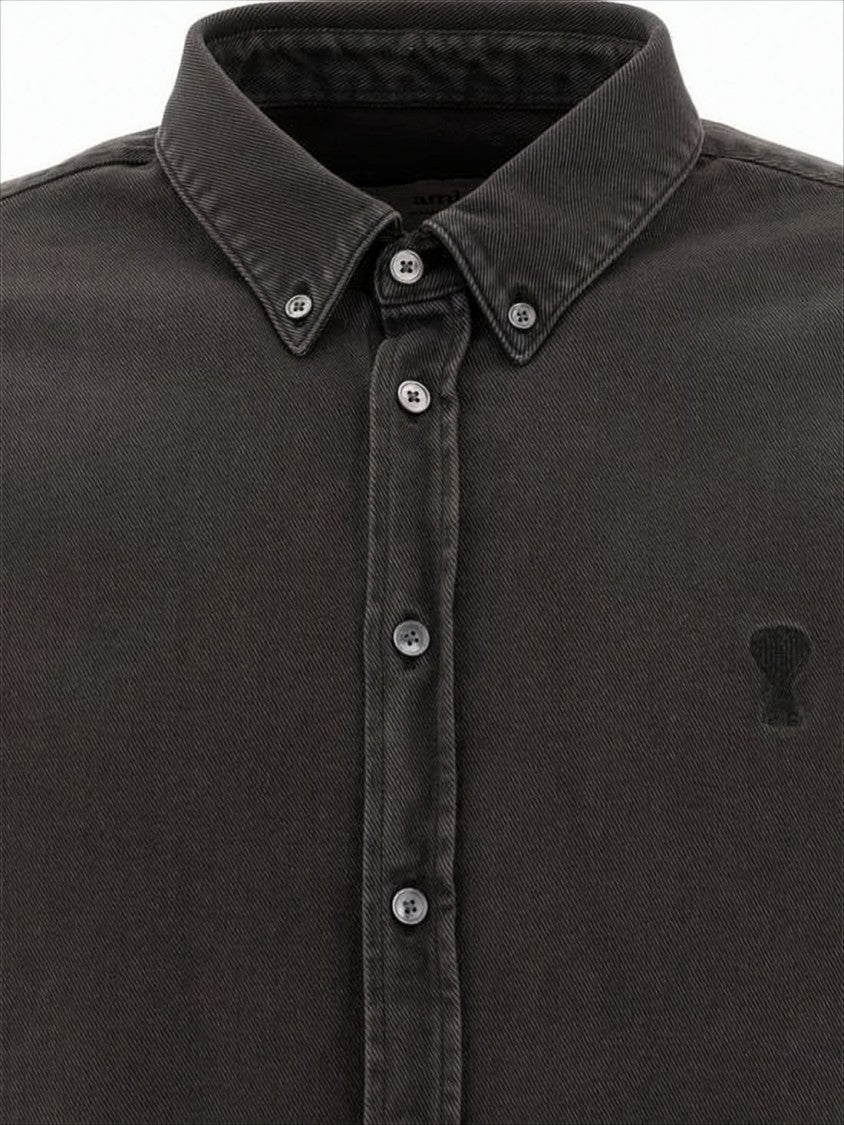 Ami Long Sleeve Black Cotton Button-Down Shirt With Embroidered Logo