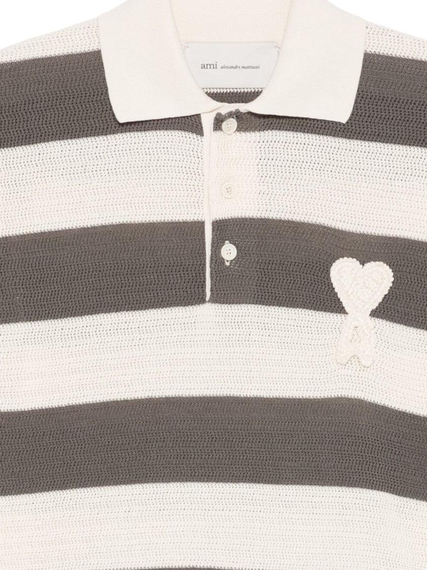 Ami Paris Cream Striped Cotton Polo Shirt