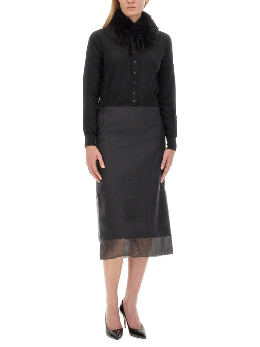 Sportmax Cropped Black Cardigan With Plush Fur Collar
