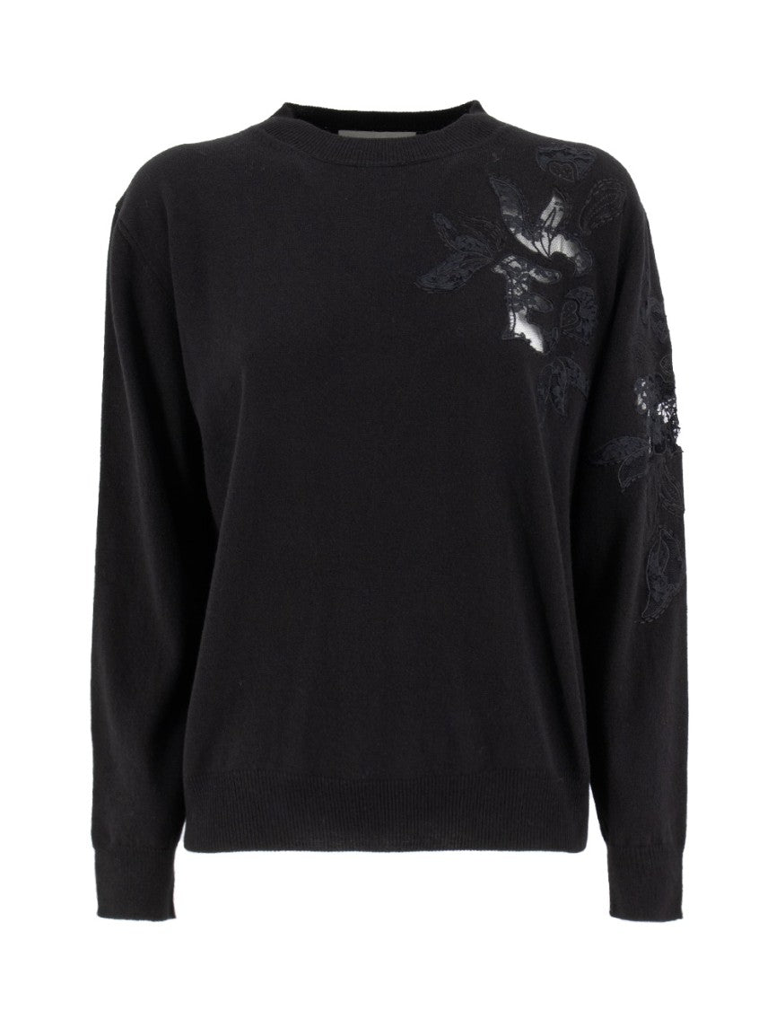 Ermanno Scervino Black Crewneck Ribbed Sweater