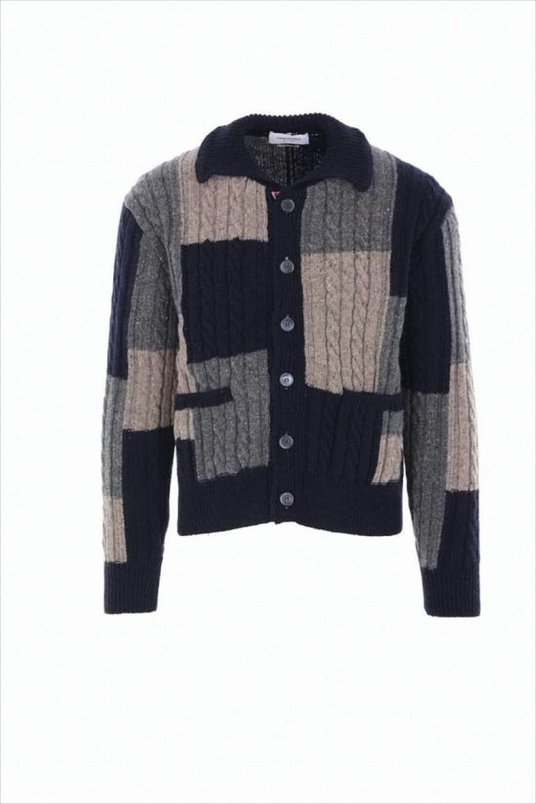 Thom Browne Patchwork Cable Knit Cardigan With Button-Up Front