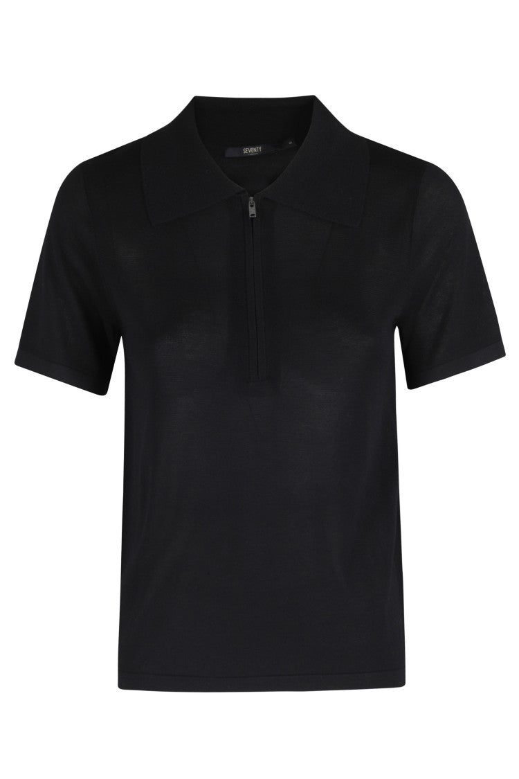 Seventy Black Polo Zippered Collar Viscose Polo Shirt