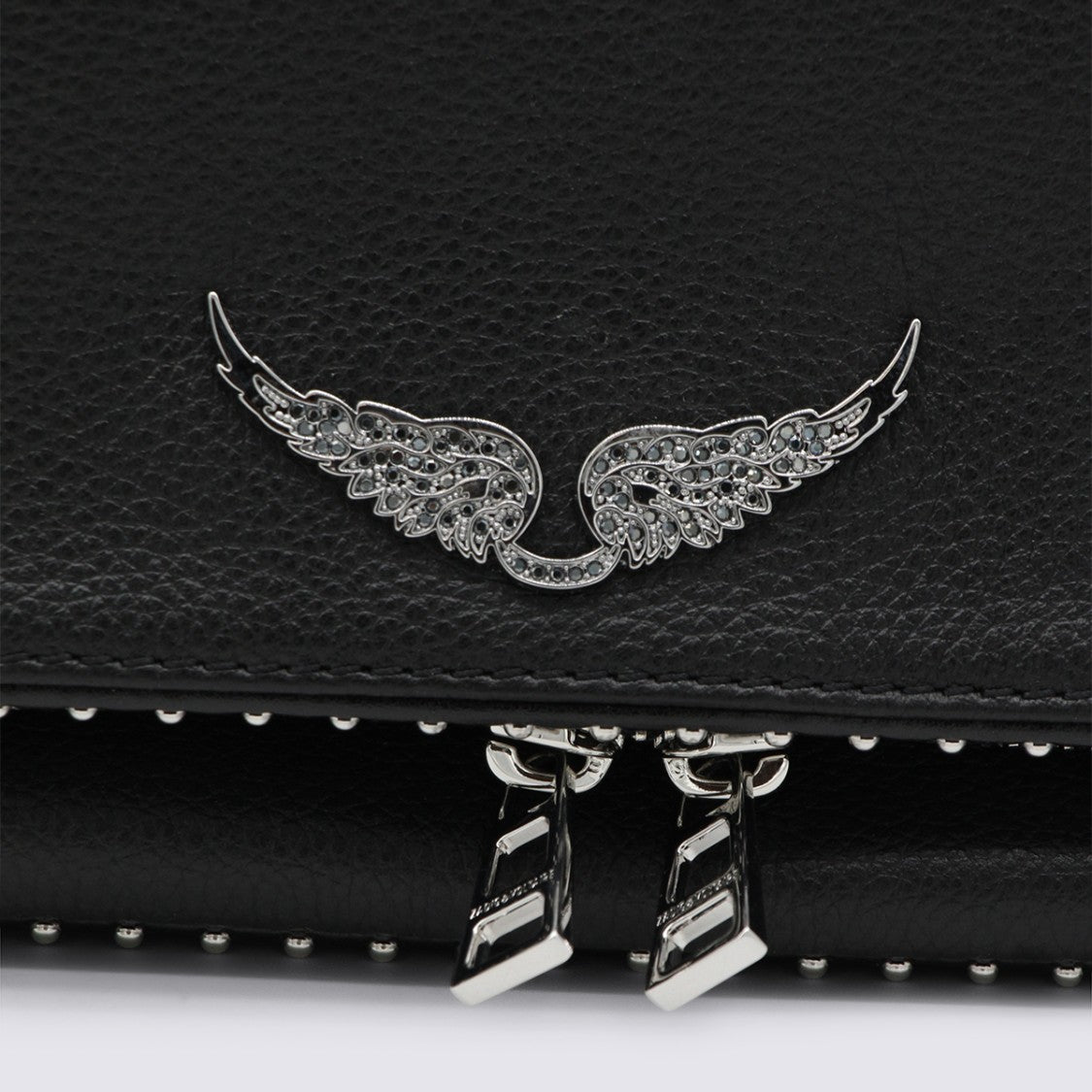 Zadig & Voltaire Textured Black Flap Bag With Metallic Wing Emblem