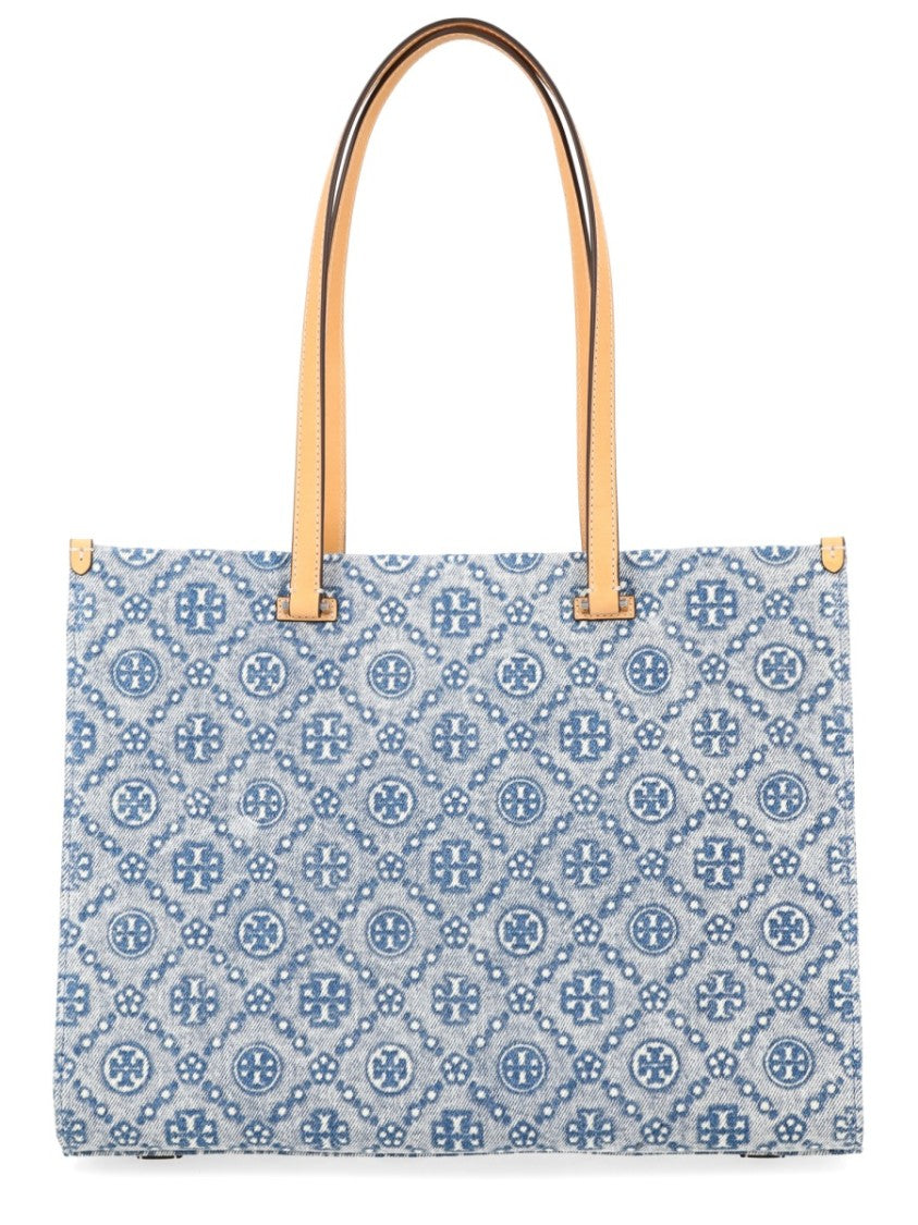 Tory Burch T Monogram Blue Cotton Shopper Bag