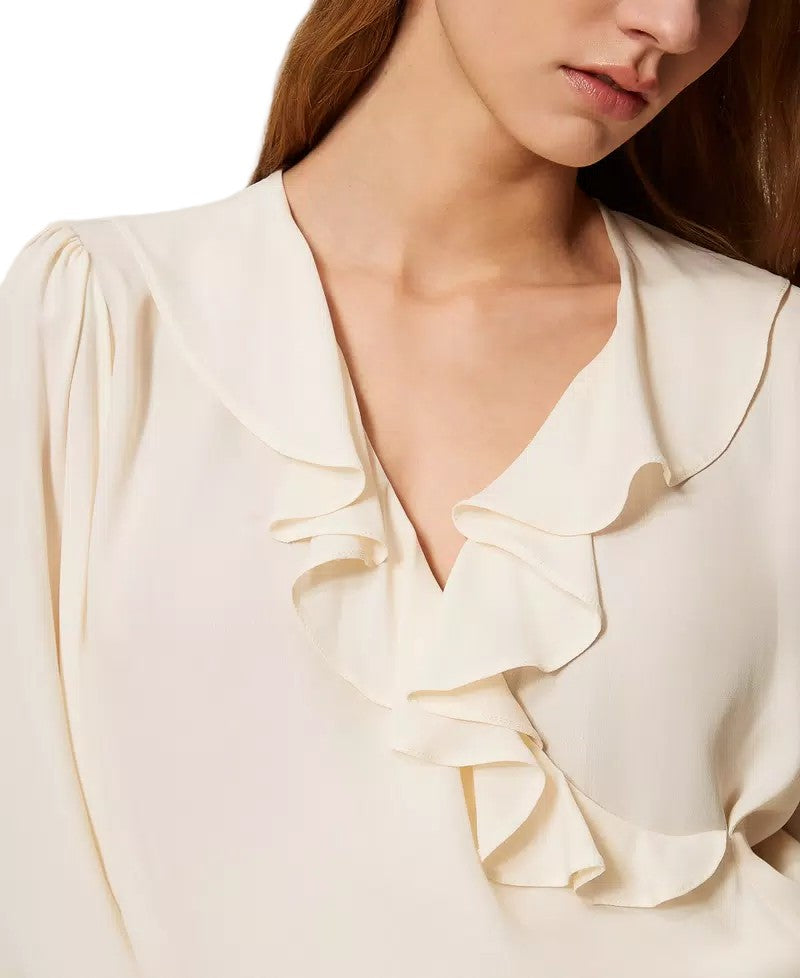 Twin-Set White Viscose-Blend Crêpe De Chine Crossover Ruffled Blouse