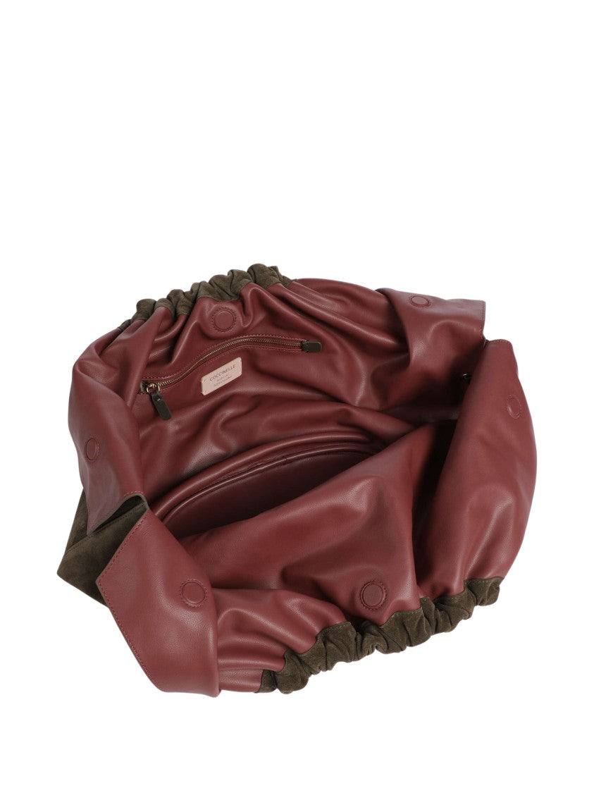 Coccinelle Ruched Brown Suede Shoulder Bag With Gold-Colored Accents