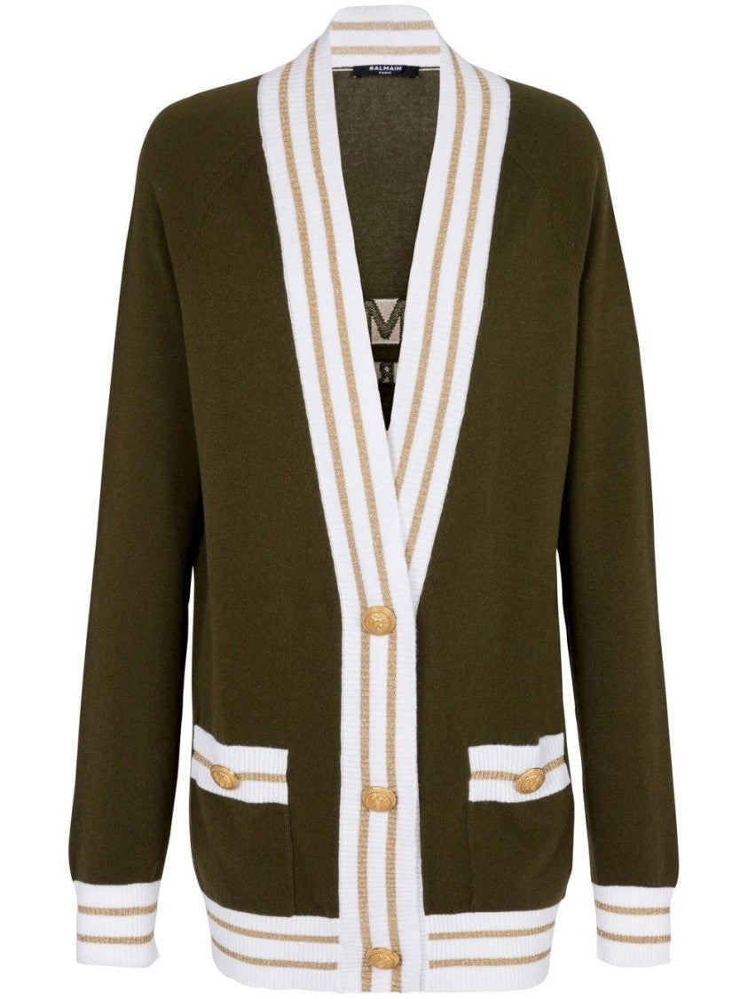 Balmain 3-Button Cashmere Blend Cardigan With Contrasting Stripes