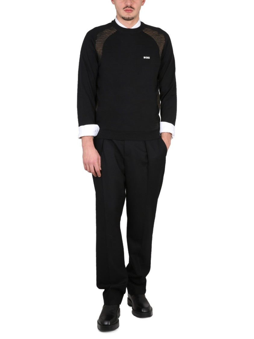 Boss Black Sheer Striped Panel Cotton Sweatshirt