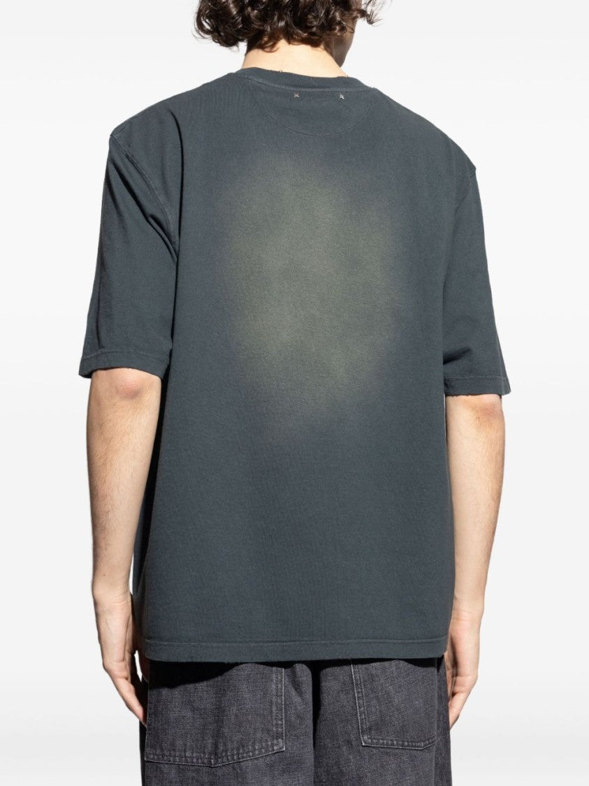 Golden Goose Faded Black Cotton T-Shirt With Embroidered Logo