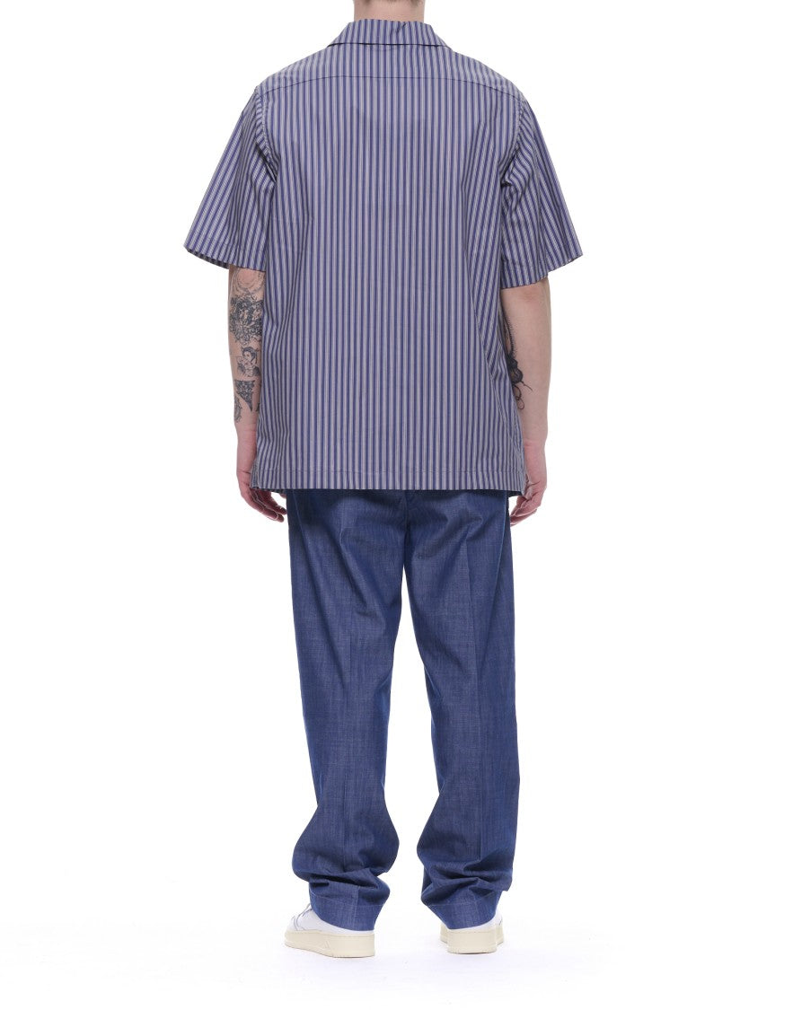 Hevo Blue Navy Novoli Striped Cotton Overshirt