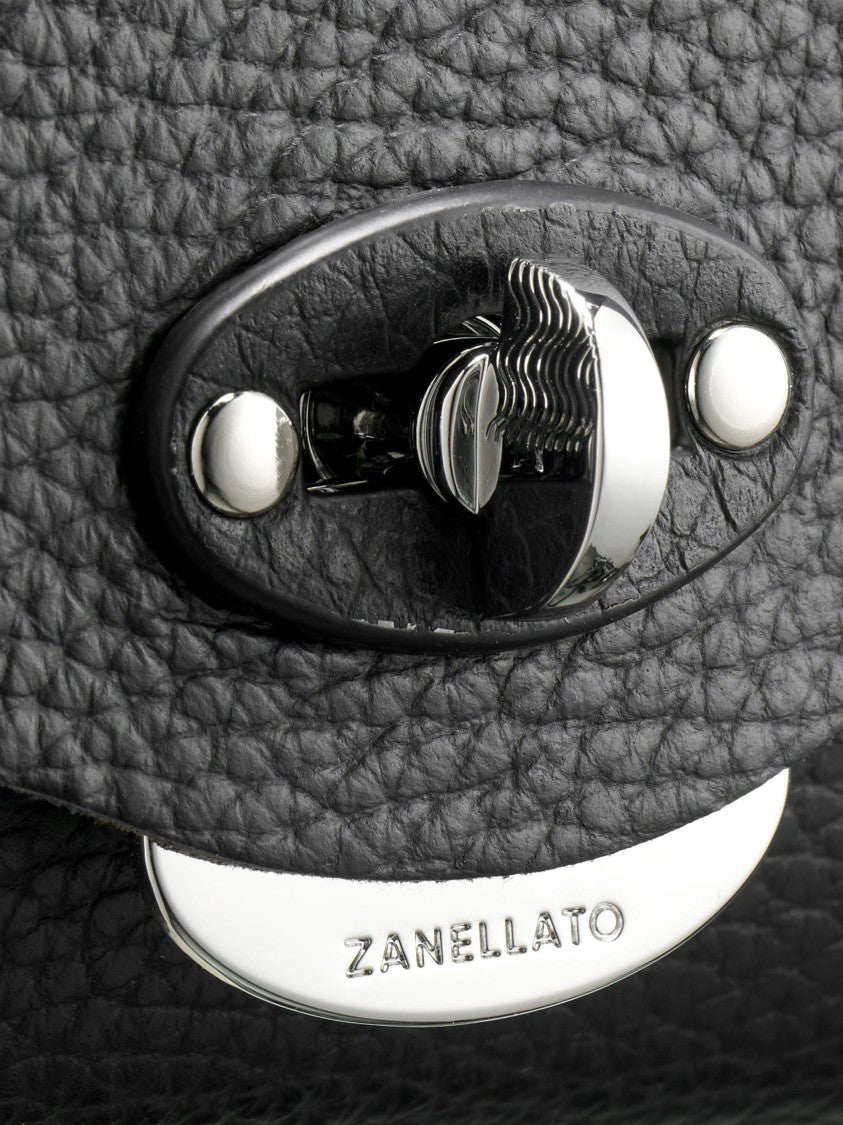 Zanellato Black Silver Turn-Lock Textured Leather Shoulder Bag
