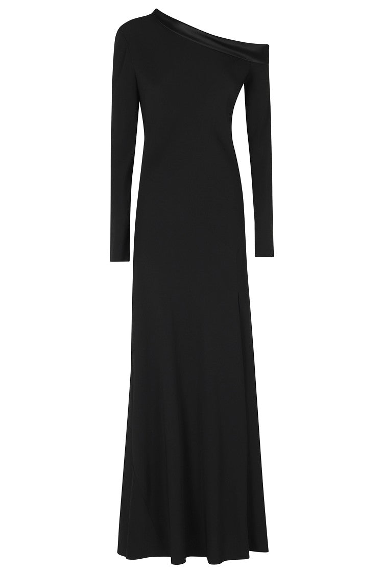 Alberta Ferretti Black Enver Satin One-Shoulder Side Slit Viscose Long Evening Dress