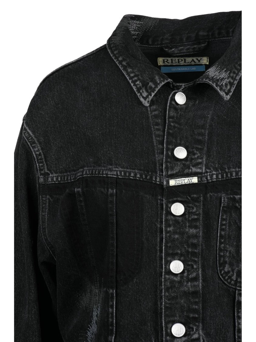 Replay Black Cotton Button Short Denim Jacket