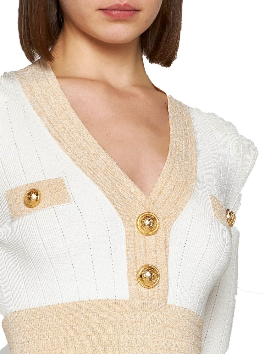 Balmain V Neck Golden Edge Knit Dress