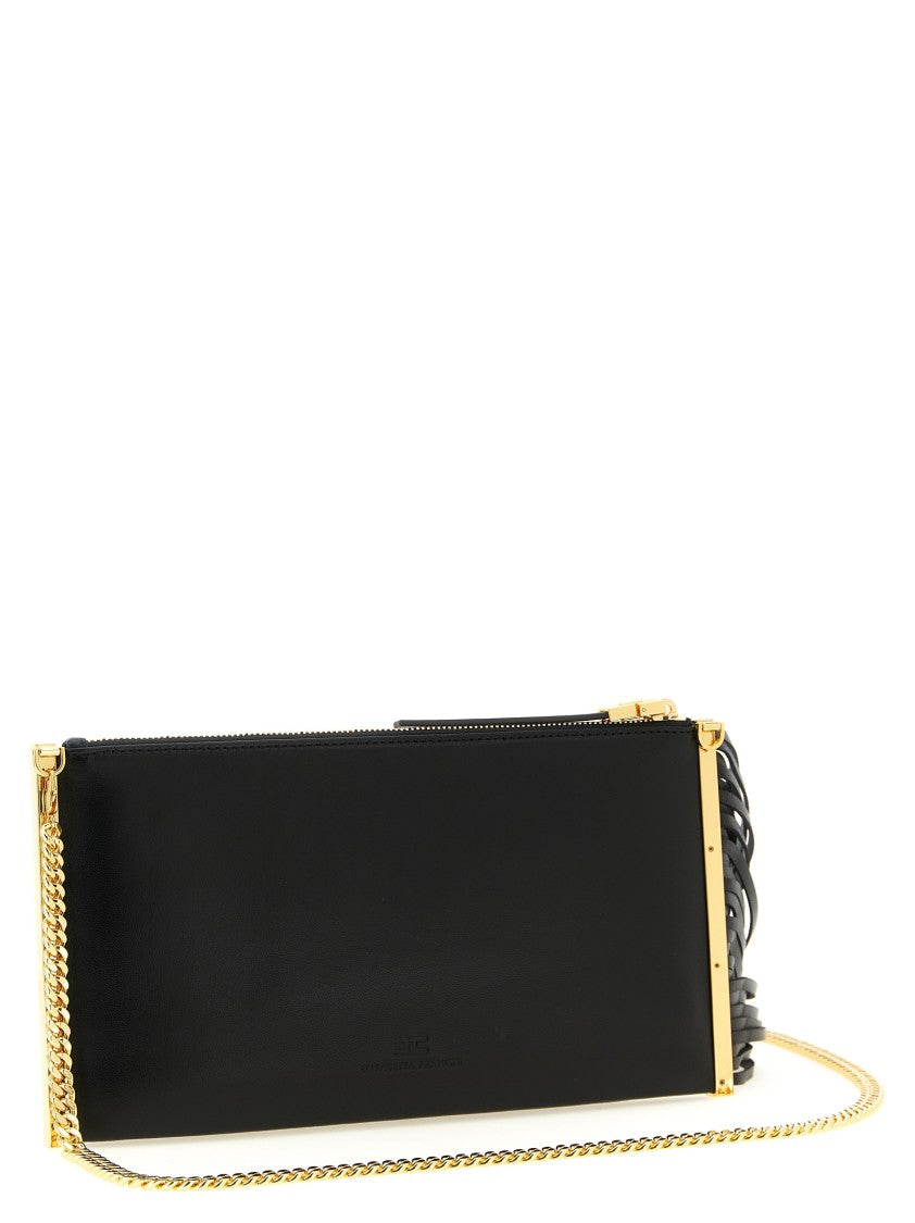 Elisabetta Franchi Fringed Black Leather Clutch With Gold-Tone Accents