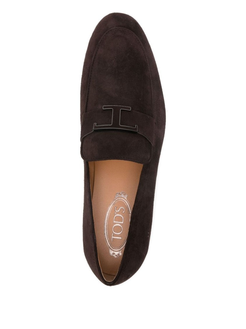 Tod's Brown Calf Suede T-Plaque Loafers