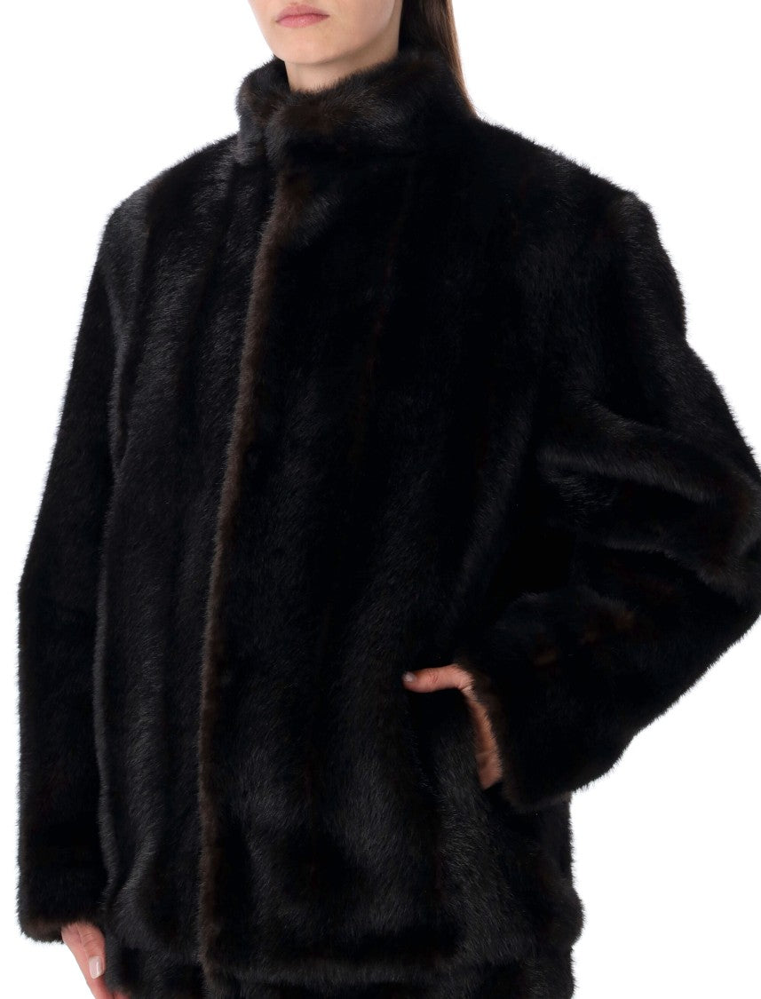 Mm6 By Maison Margiela Plush Black Faux Fur Jacket With High Collar