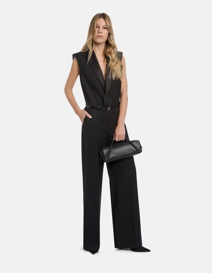 Dondup Sleeveless Jumpsuit With Satin Lapels And Wide-Leg Design