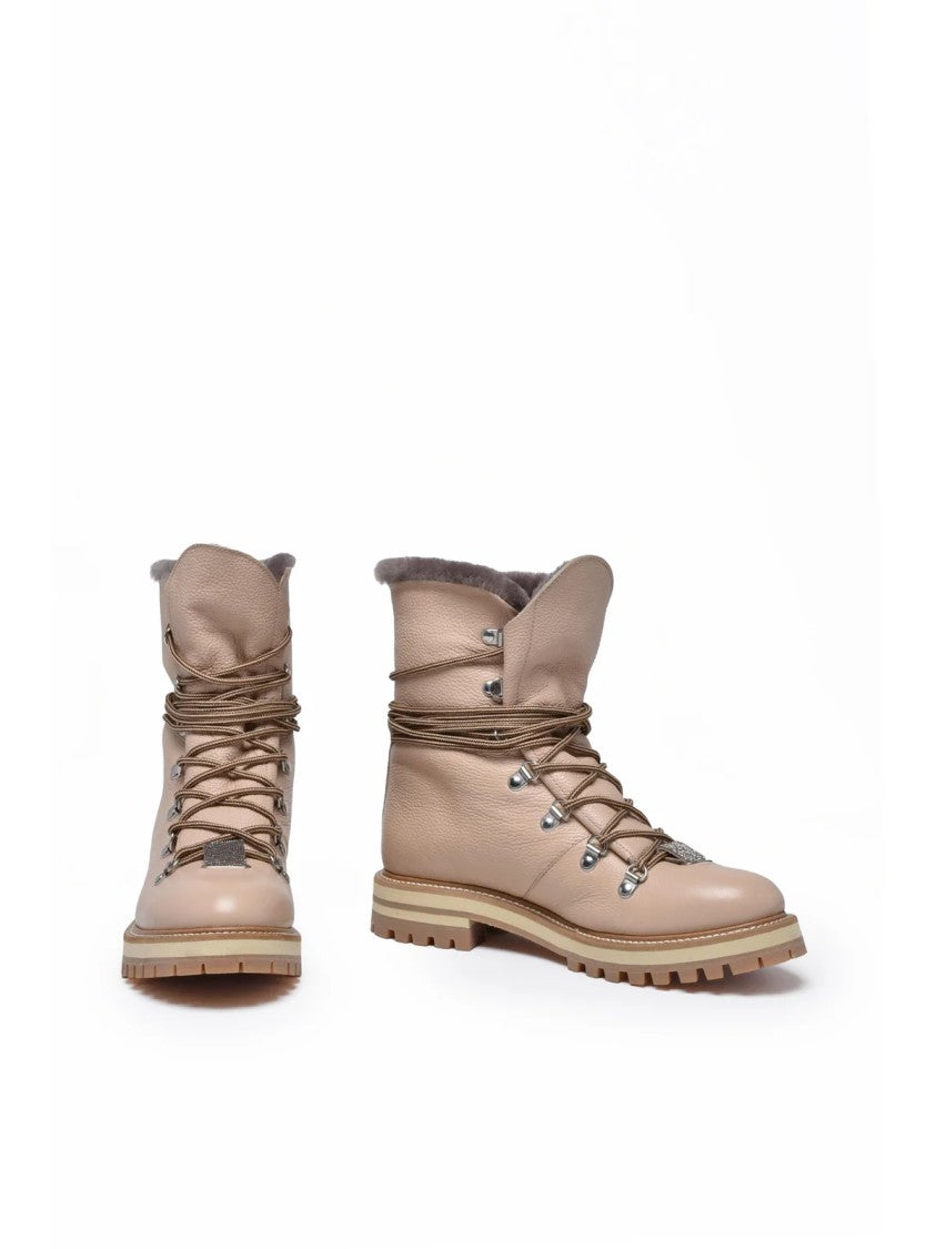 Eleventy Beige Fur Lining Rubber Sole Leather Boots