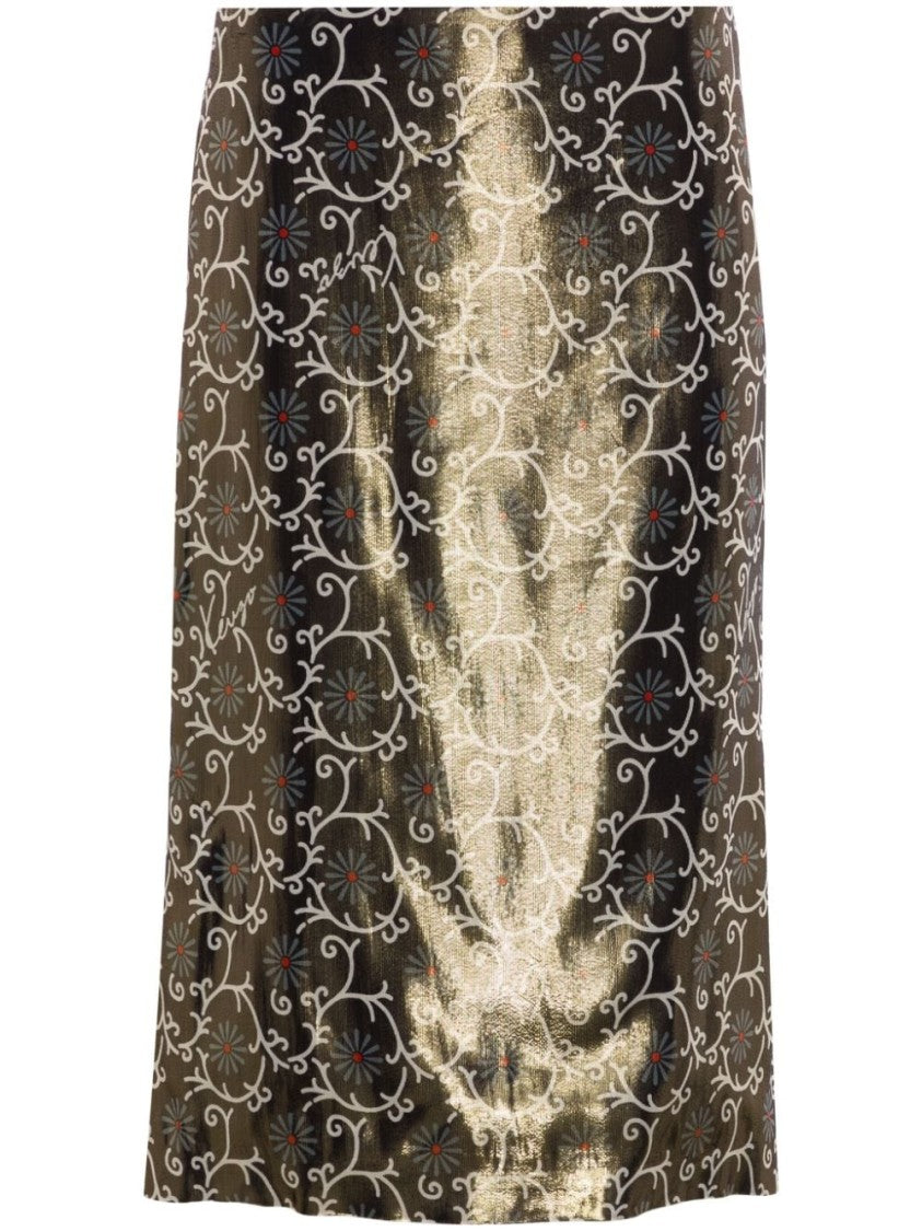 Kenzo Gold-Tone Lamé Floral Print Pencil Skirt