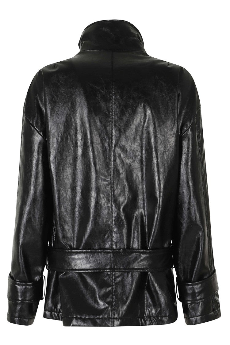Federica Tosi Black Belted High Neck Leather Polyurethane Bomber Jacket