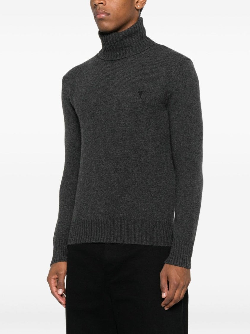 Ami Paris Anthracite Grey Turtleneck Ribbed Knit Sweater