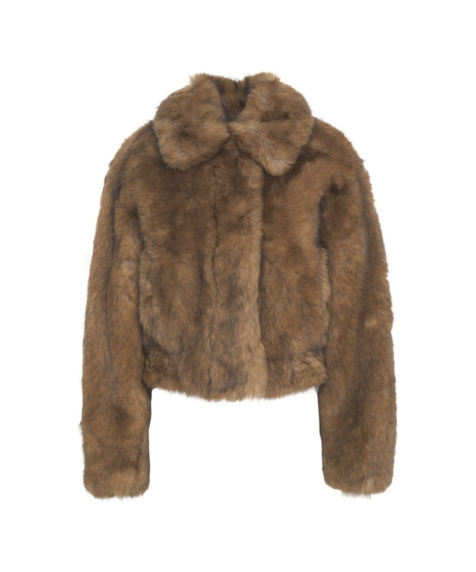 Stand Studio Cropped Faux Fur Jacket With Rounded Collar