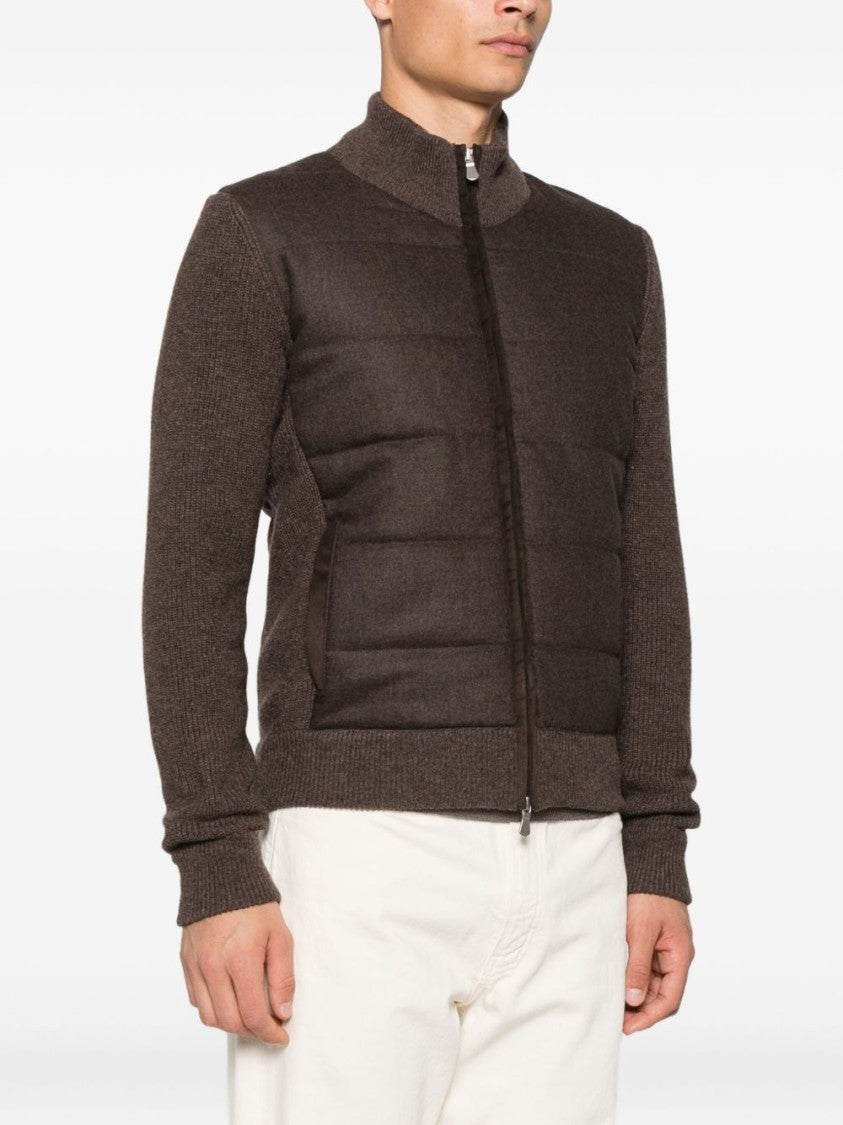 Vengera Quilted Brown Jacket With Knitted Sleeves
