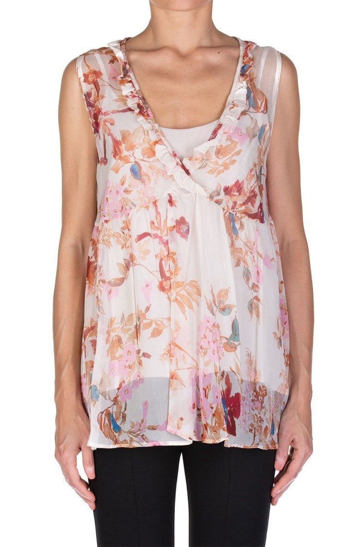 Kaos Sleeveless Floral Print Top Ruffle Detailing