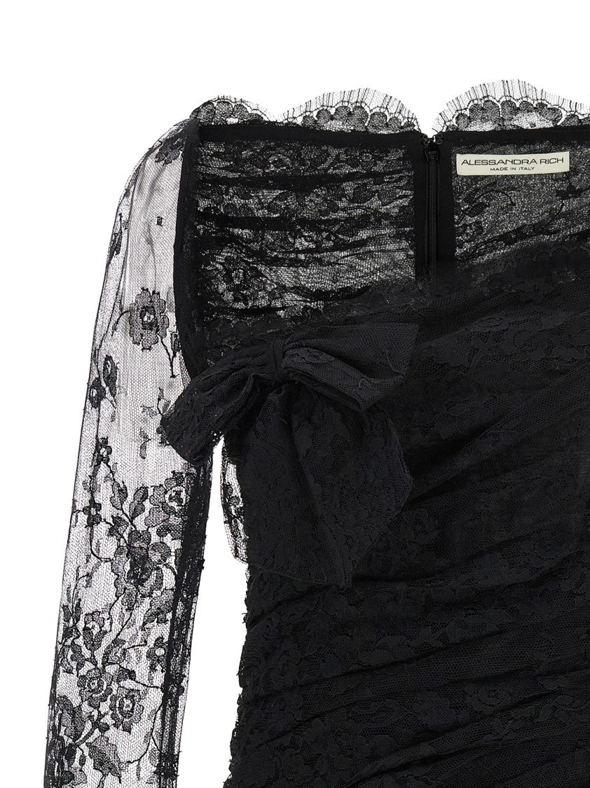 Alessandra Rich Draped Lace Mini Dress With Plunging Neckline And Transparent Sleeves