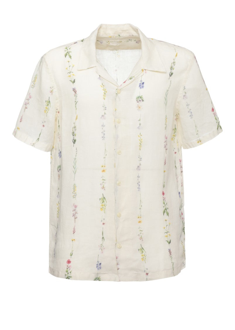 120% Lino Ivory Floral Print Linen Casual Shirt