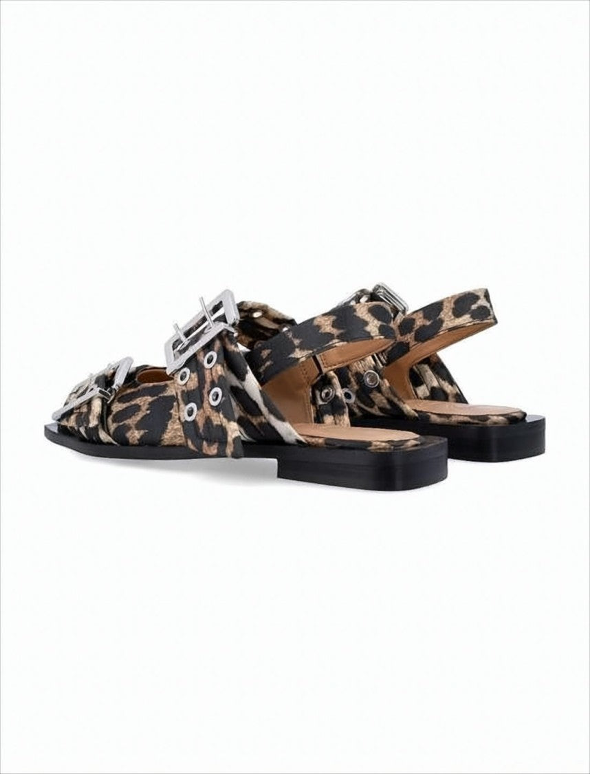 Ganni Pointed Toe Flat Shoes With Leopard Print And Silver-Tone Accents