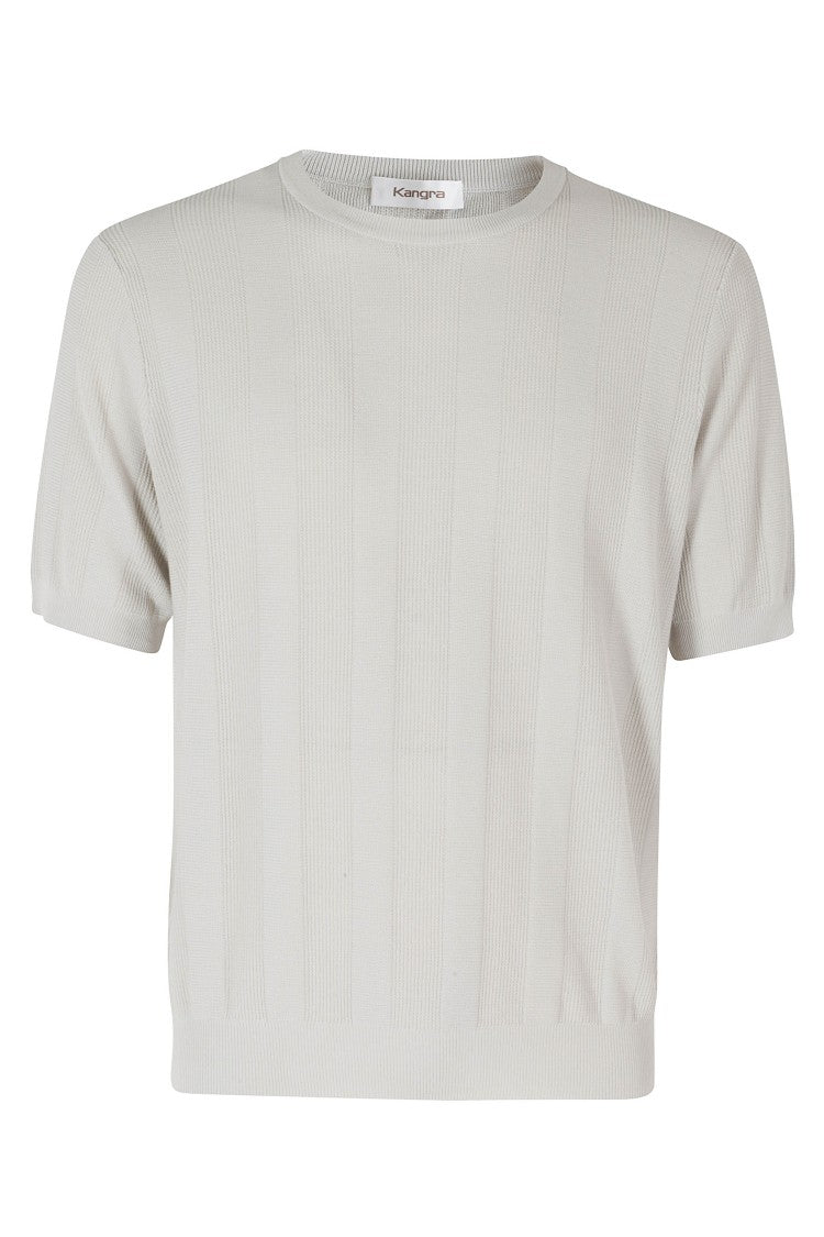 Kangra Sand Vertical Weave Short Sleeve Ribbed Trim Cotton Knit T-Shirt