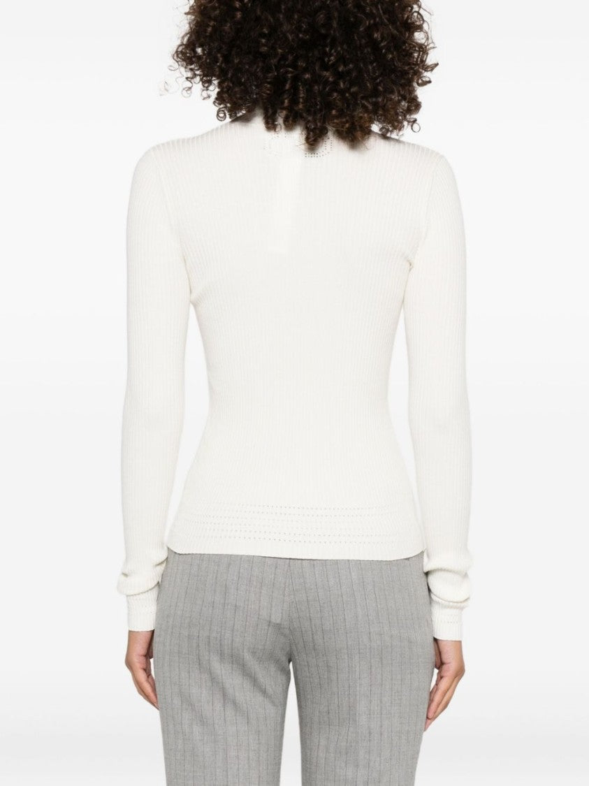 Twin-Set Ribbed White Sweater With High Neckline