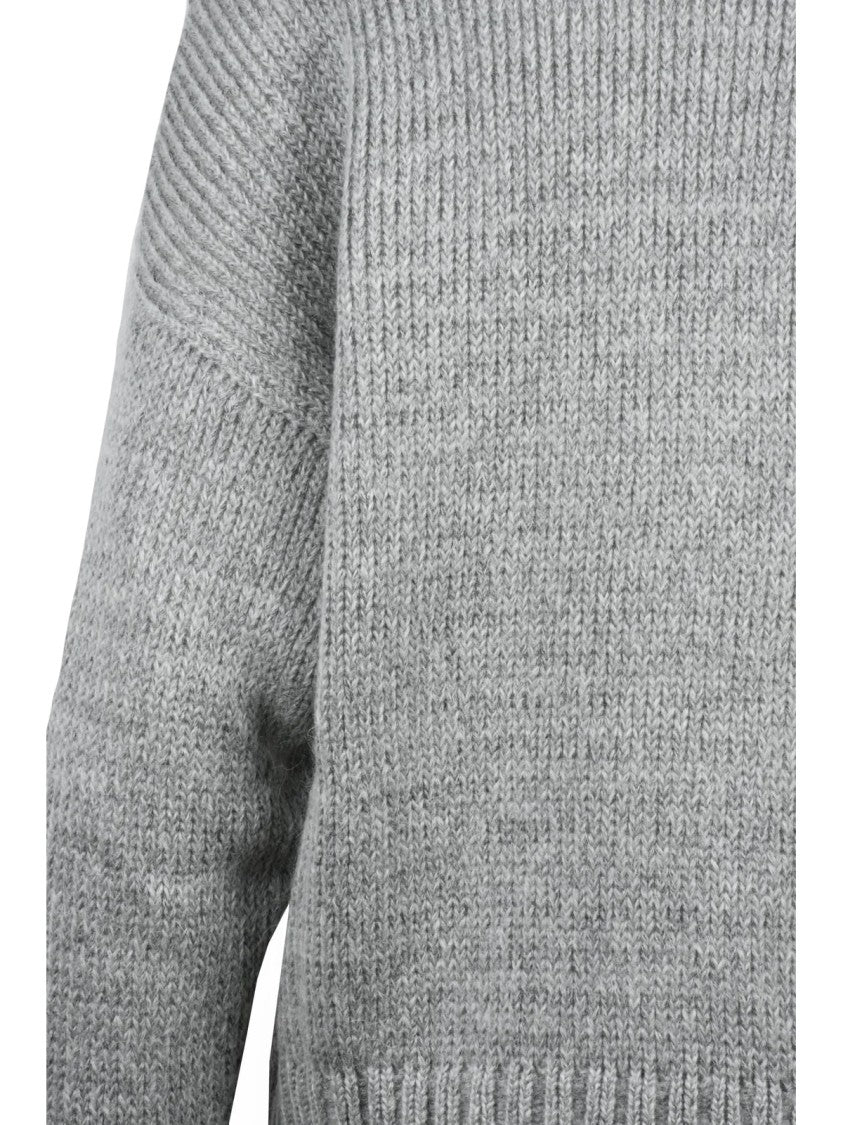 Alpha Studio Light Grey Mock Neck Sweater With Ribbed Details And Relaxed Fit